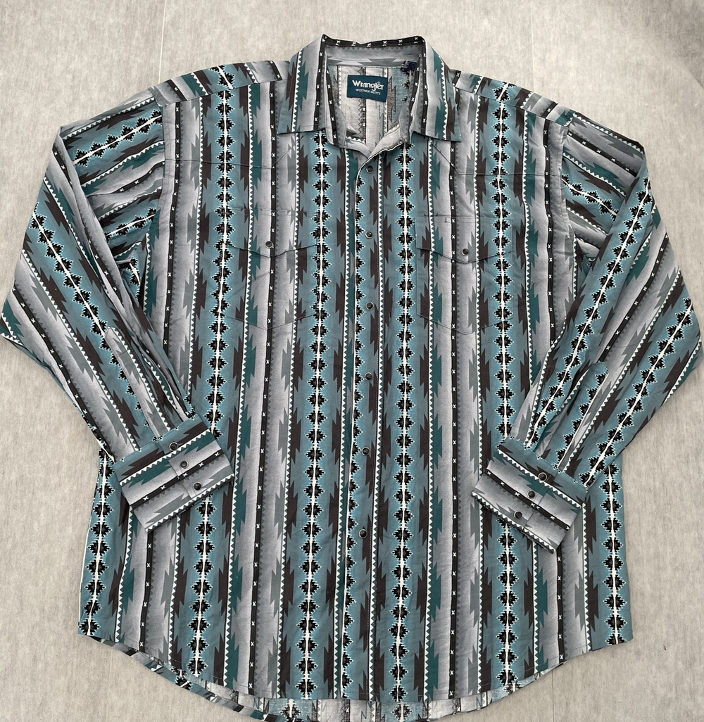 VINTAGE Wrangler Aztec Shirt Adult XL Green Western Long Sleeve Pearl Snap Mens